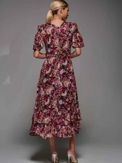 Frill Detail Chiffon Midaxi Dress Burgundy Floral