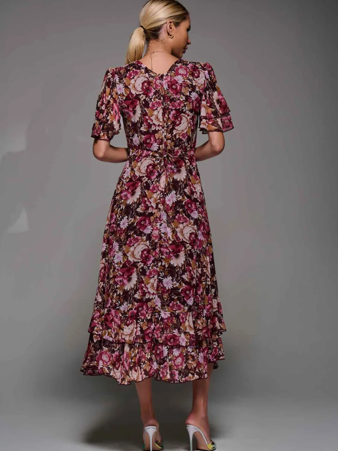 Frill Detail Chiffon Midaxi Dress Burgundy Floral