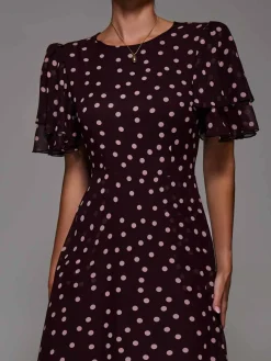 Frill Detail Chiffon Midaxi Dress Burgundy Spot