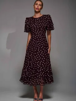 Frill Detail Chiffon Midaxi Dress Burgundy Spot