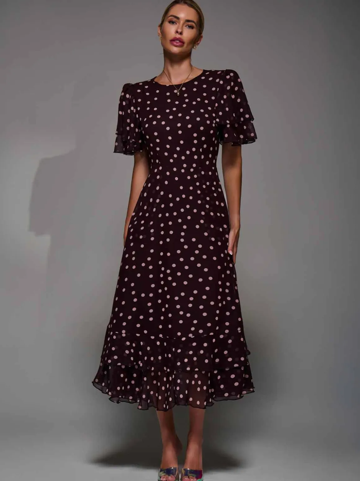 Frill Detail Chiffon Midaxi Dress Burgundy Spot