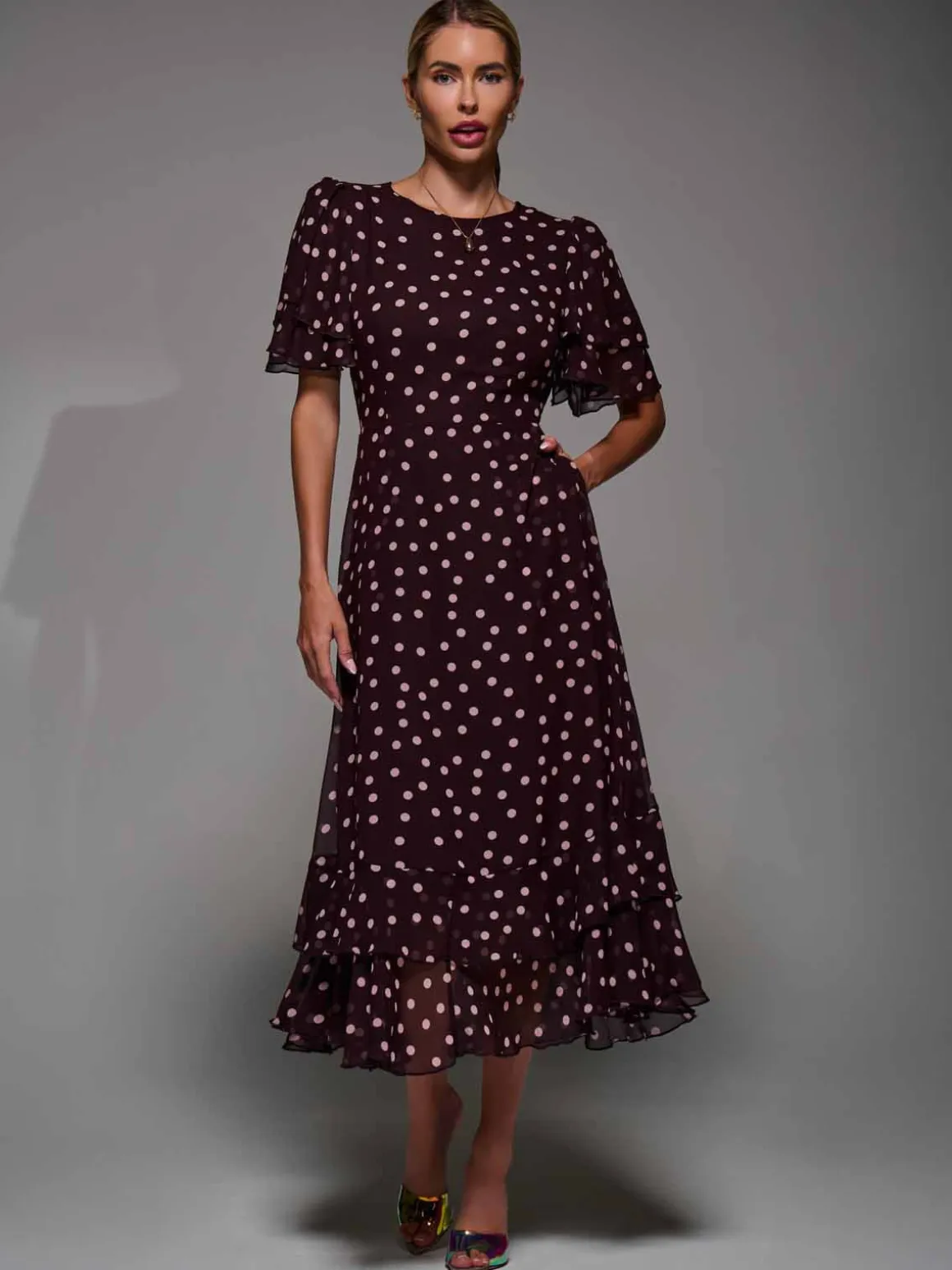 Frill Detail Chiffon Midaxi Dress Burgundy Spot