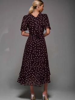 Frill Detail Chiffon Midaxi Dress Burgundy Spot