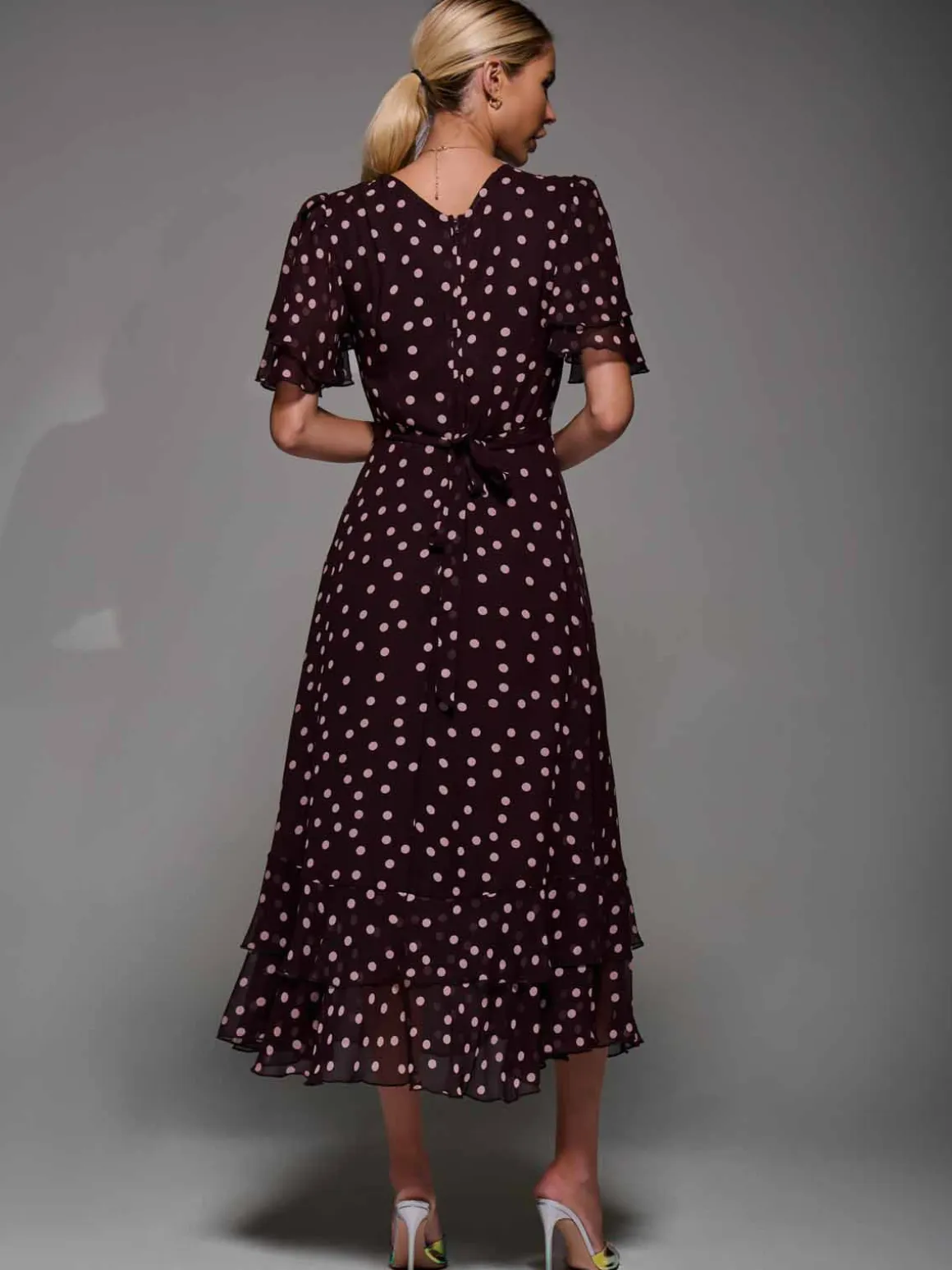 Frill Detail Chiffon Midaxi Dress Burgundy Spot