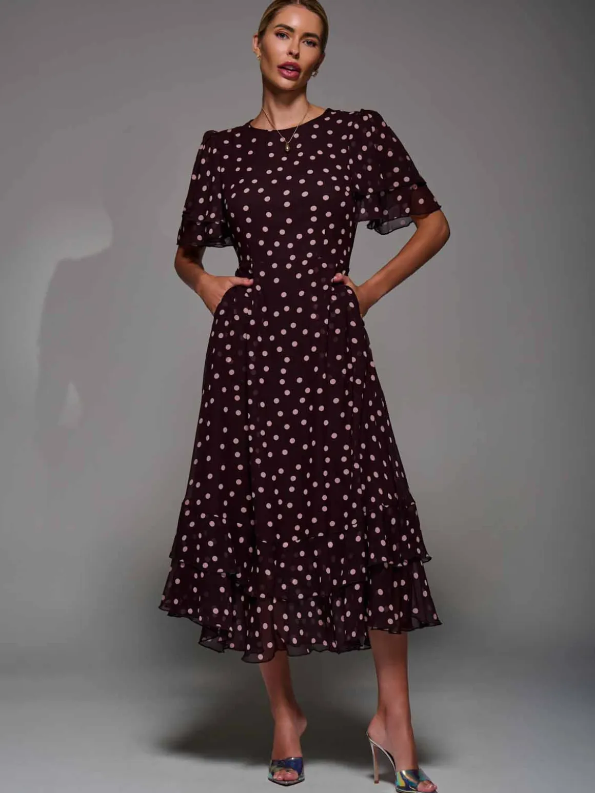 Frill Detail Chiffon Midaxi Dress Burgundy Spot