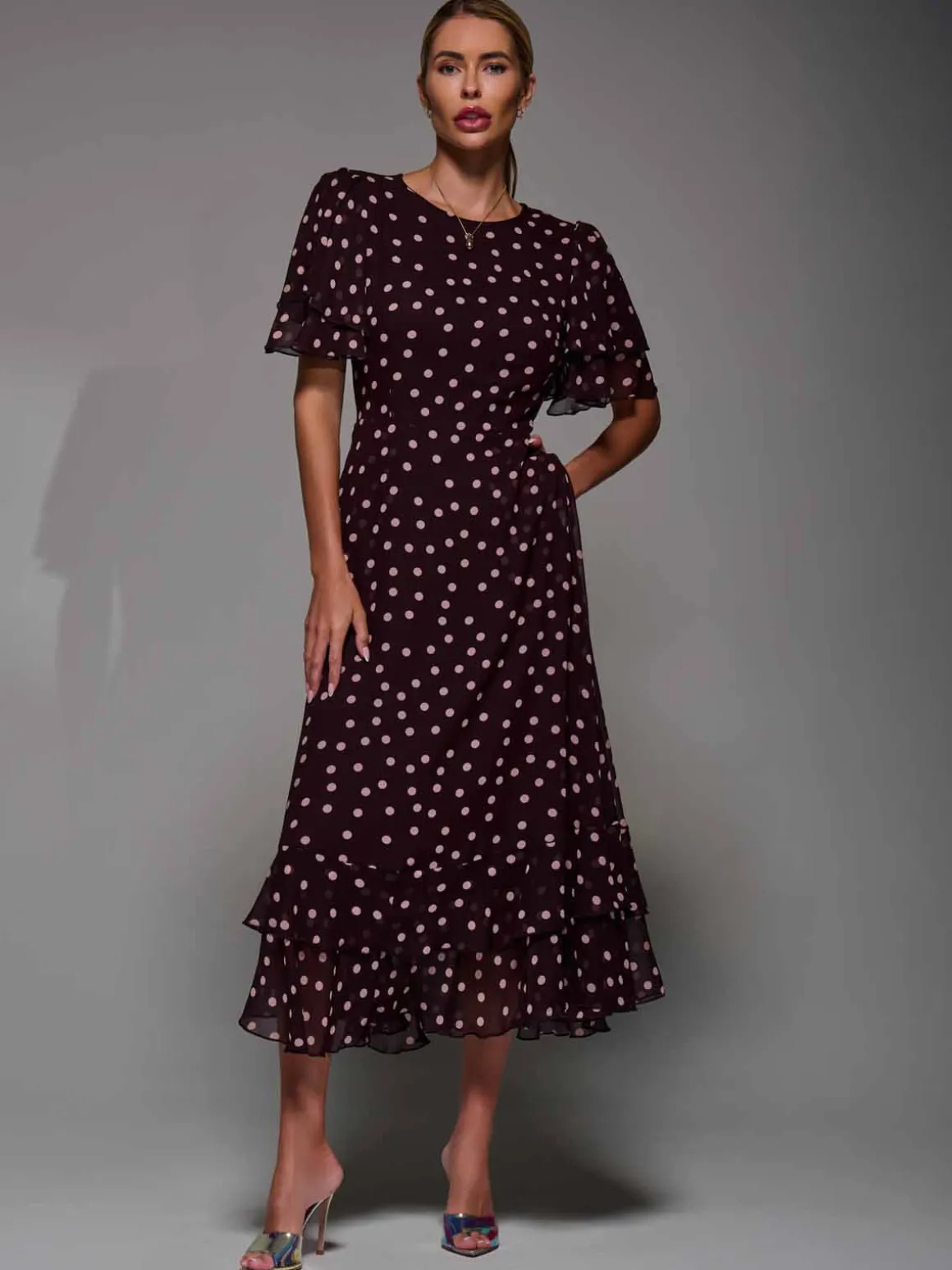 Frill Detail Chiffon Midaxi Dress Burgundy Spot