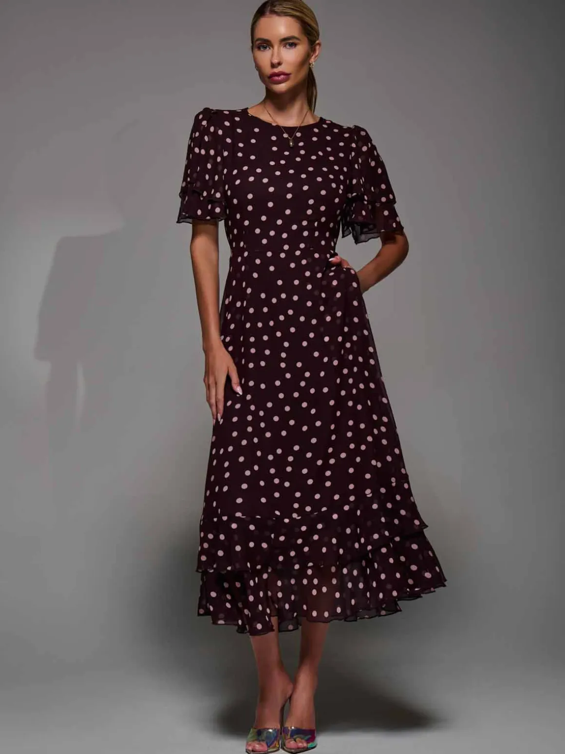Frill Detail Chiffon Midaxi Dress Burgundy Spot