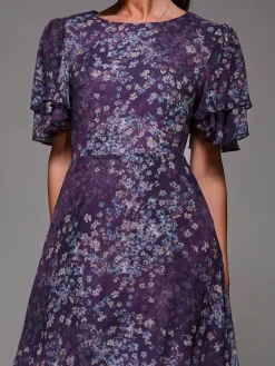 Frill Detail Chiffon Midaxi Dress, Purple Abstract