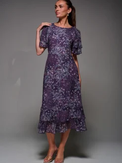 Frill Detail Chiffon Midaxi Dress, Purple Abstract