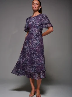 Frill Detail Chiffon Midaxi Dress, Purple Abstract