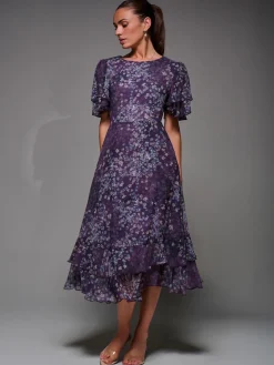 Frill Detail Chiffon Midaxi Dress, Purple Abstract
