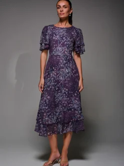 Frill Detail Chiffon Midaxi Dress, Purple Abstract