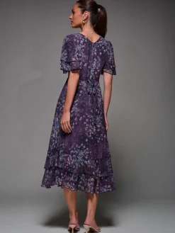 Frill Detail Chiffon Midaxi Dress, Purple Abstract