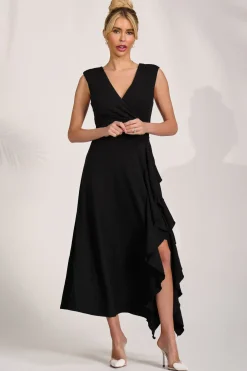Frill Detail Wrap Sleeveless Midaxi Dress, Black