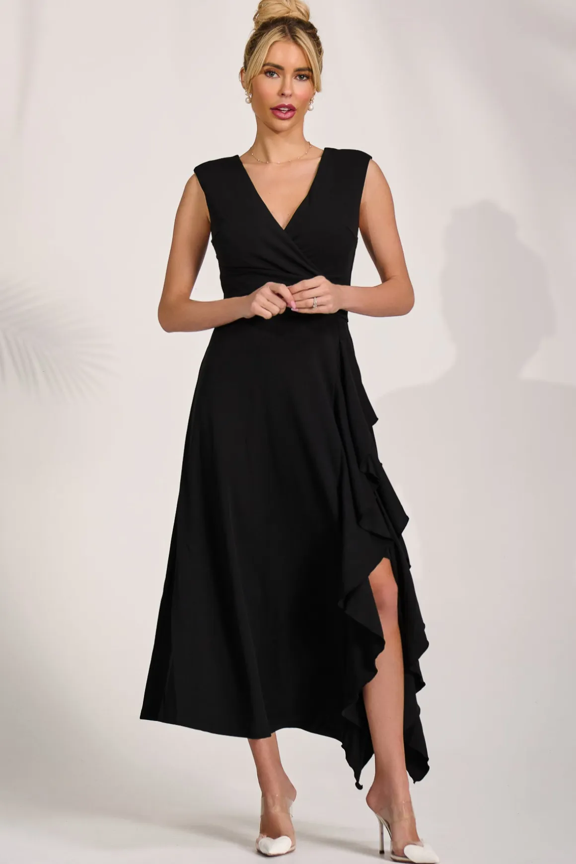 Frill Detail Wrap Sleeveless Midaxi Dress, Black