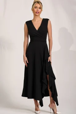 Frill Detail Wrap Sleeveless Midaxi Dress, Black
