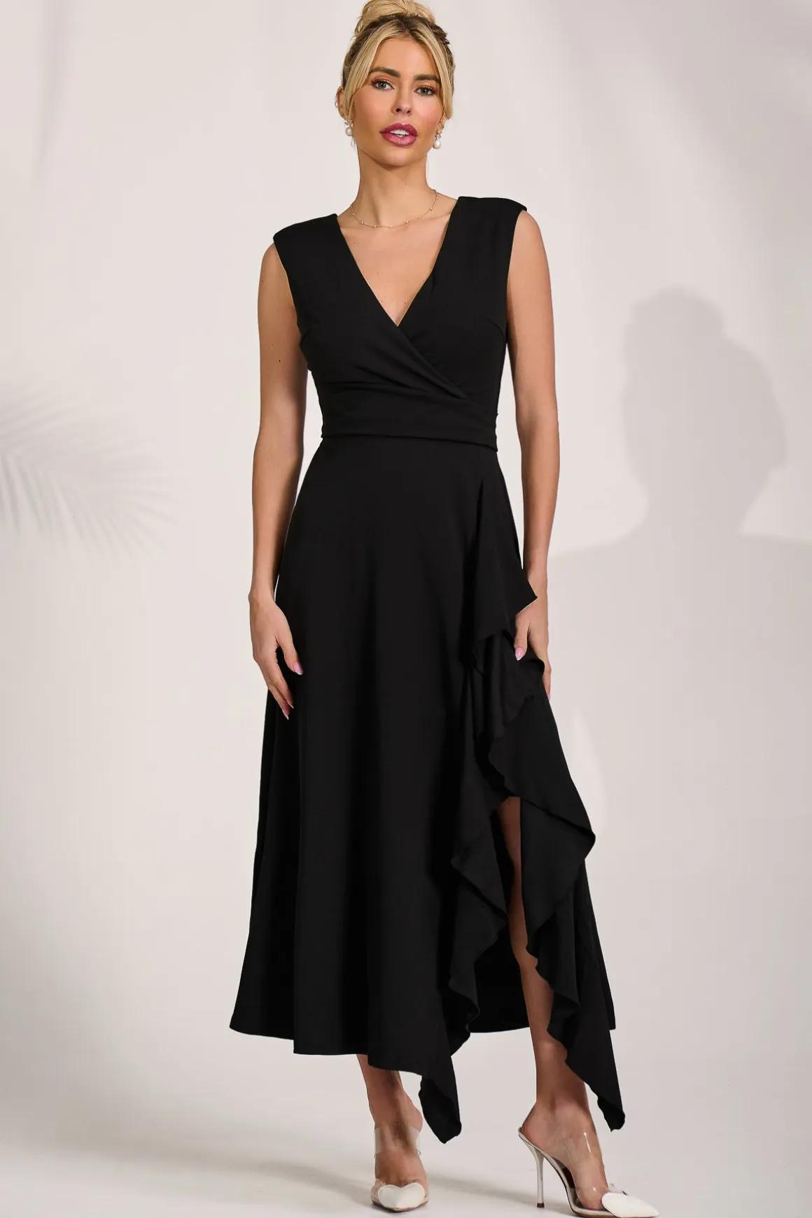 Frill Detail Wrap Sleeveless Midaxi Dress, Black