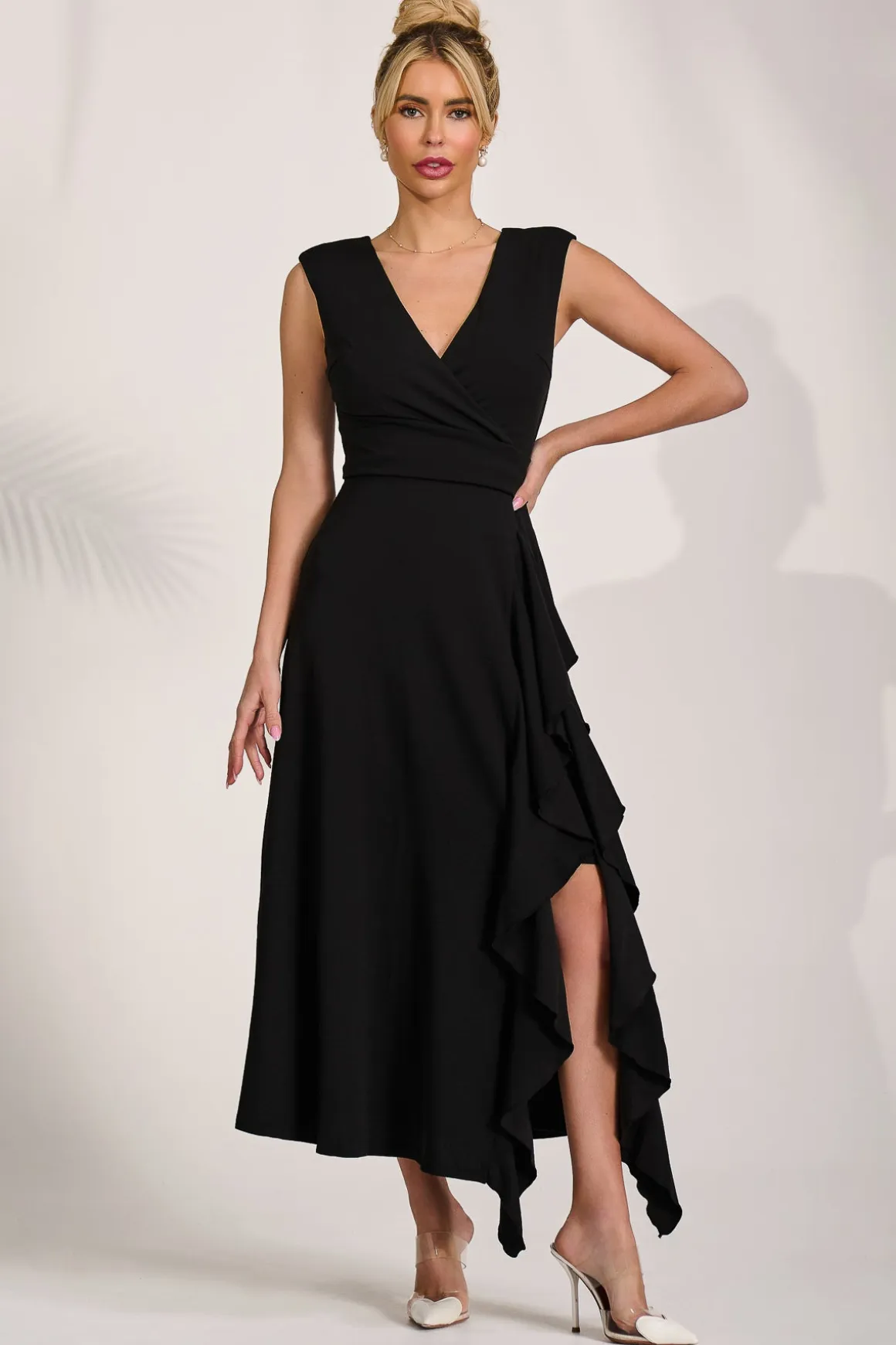 Frill Detail Wrap Sleeveless Midaxi Dress, Black