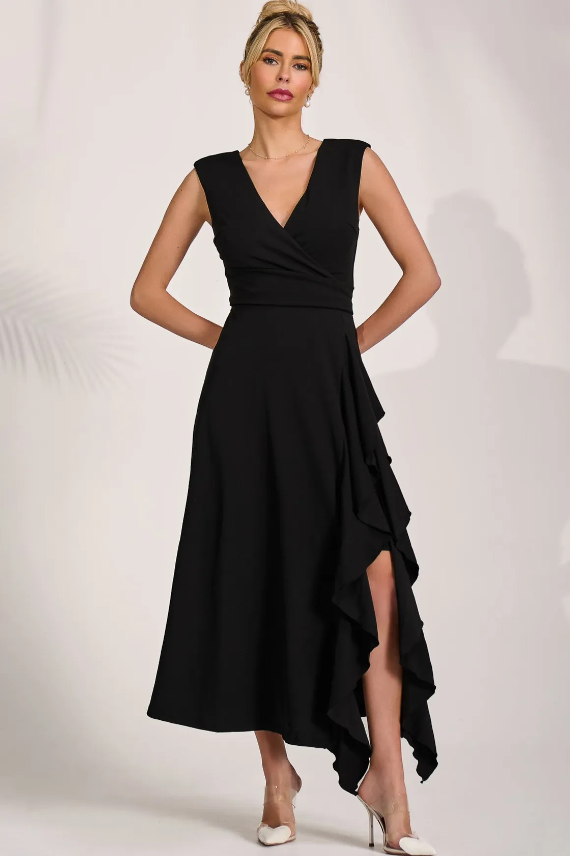 Frill Detail Wrap Sleeveless Midaxi Dress, Black