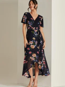 Frill Dip Hem Mesh Maxi Dress, Navy Floral