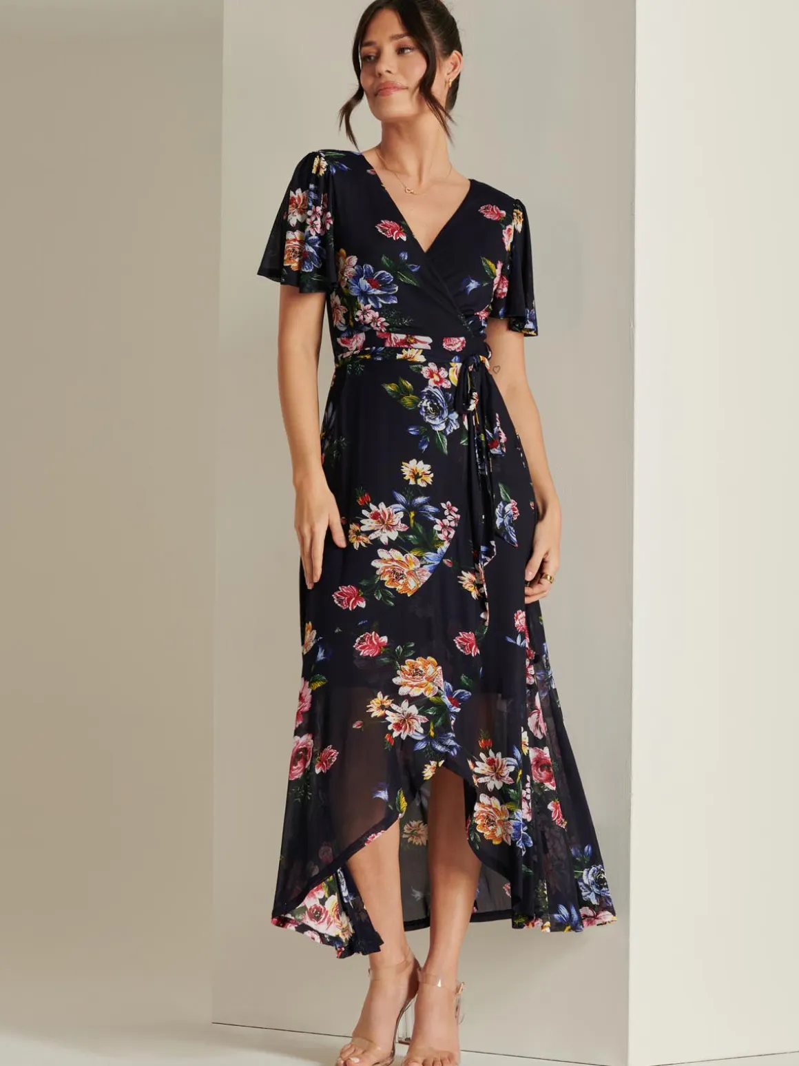Frill Dip Hem Mesh Maxi Dress, Navy Floral