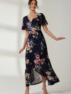 Frill Dip Hem Mesh Maxi Dress, Navy Floral