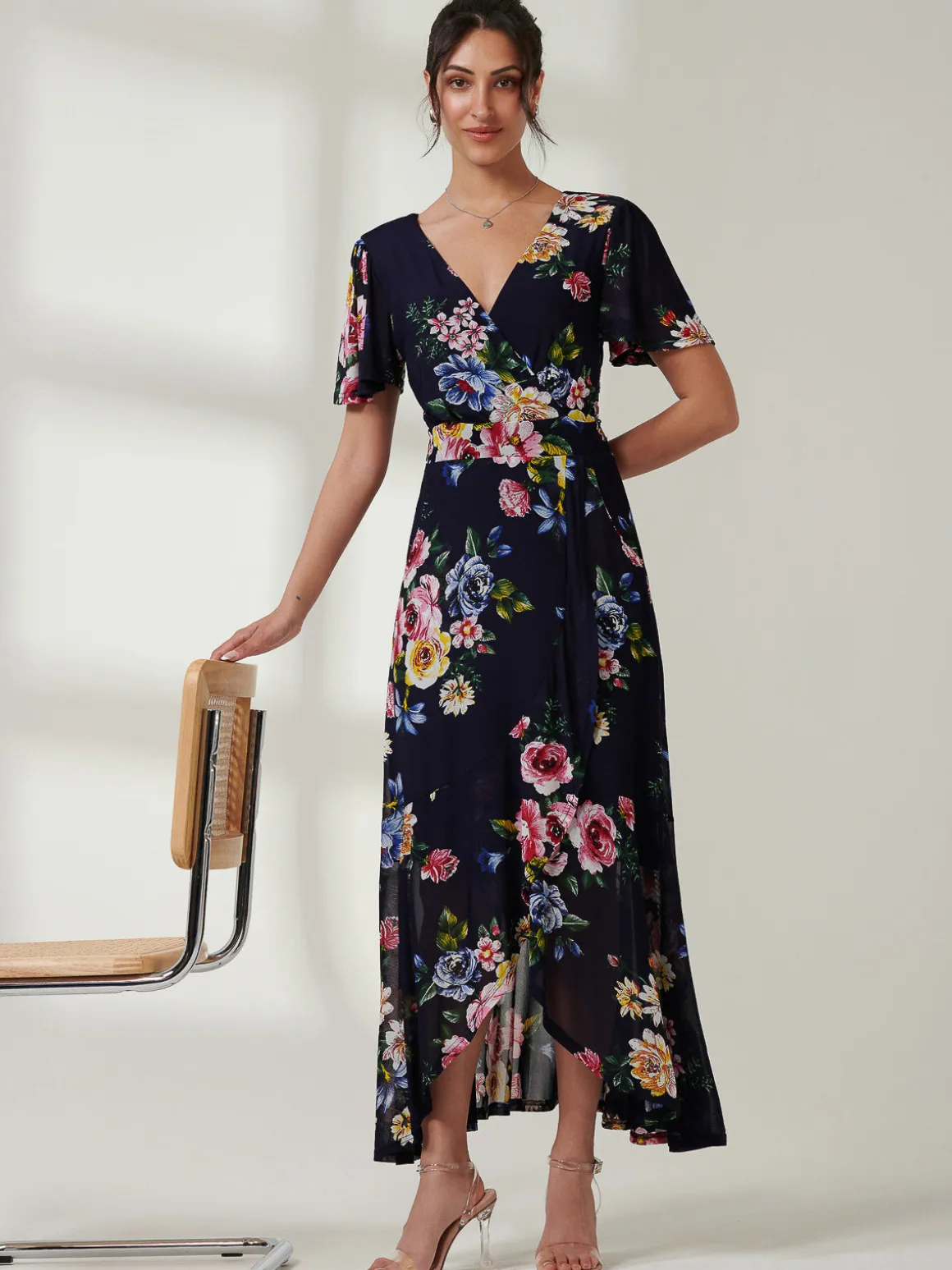 Frill Dip Hem Mesh Maxi Dress, Navy Floral