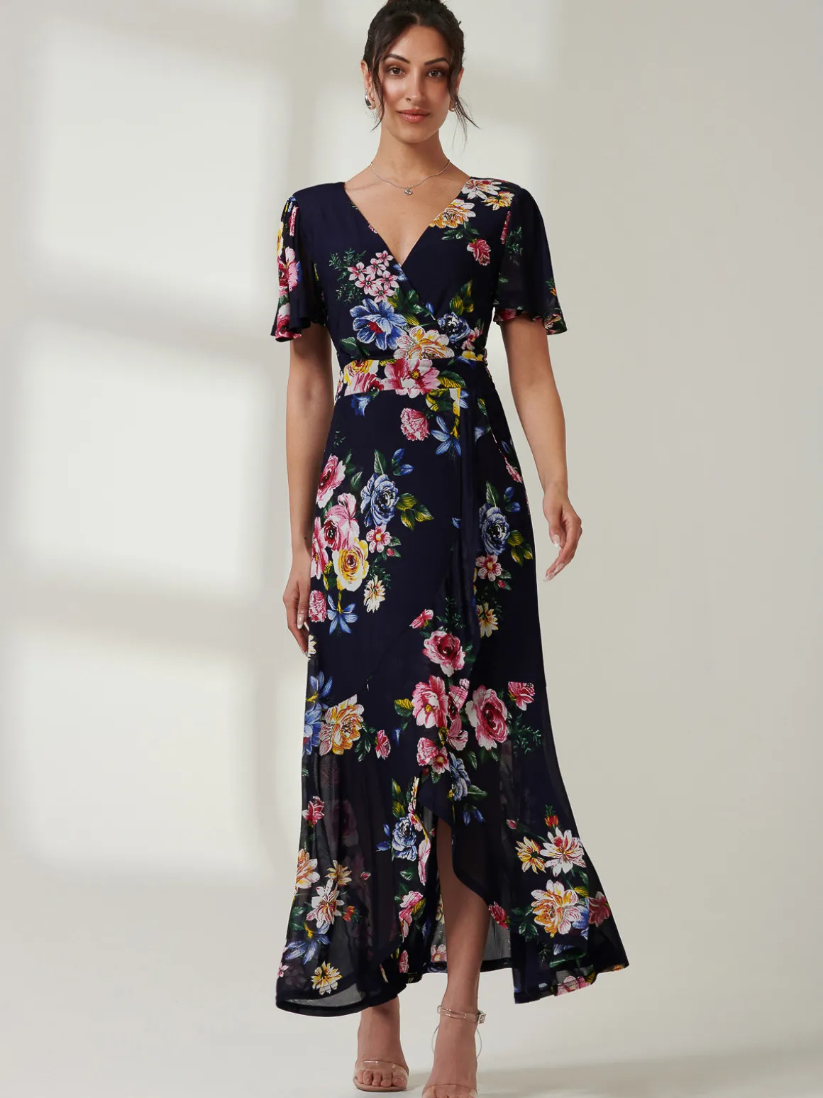 Frill Dip Hem Mesh Maxi Dress, Navy Floral