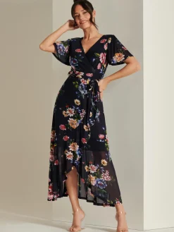 Frill Dip Hem Mesh Maxi Dress, Navy Floral