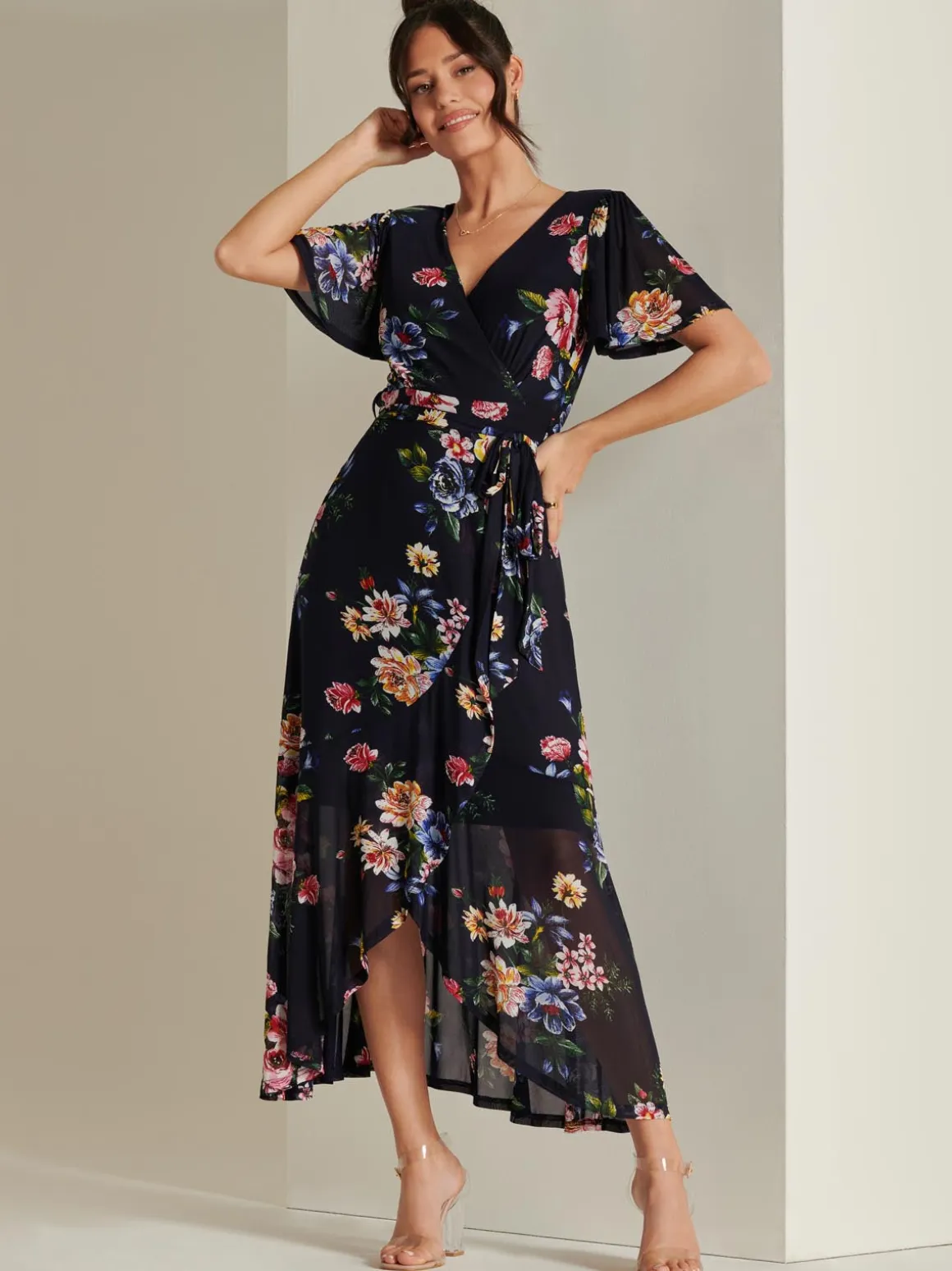 Frill Dip Hem Mesh Maxi Dress, Navy Floral