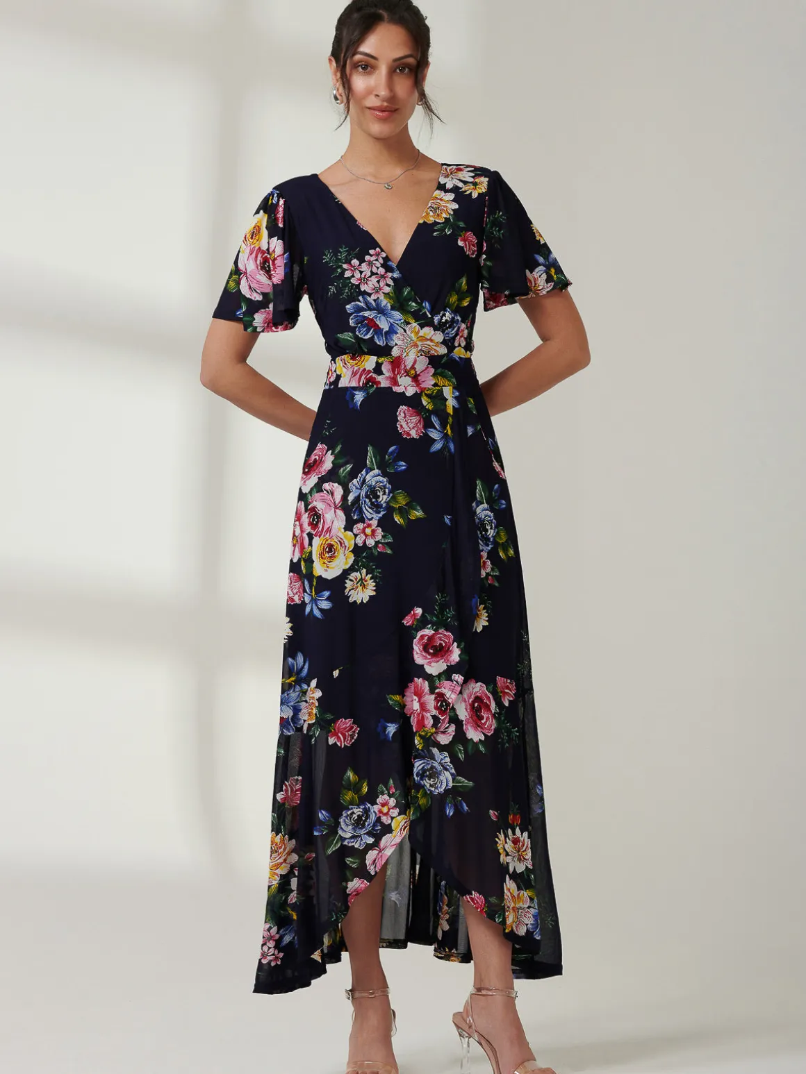 Frill Dip Hem Mesh Maxi Dress, Navy Floral
