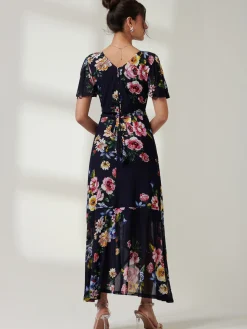 Frill Dip Hem Mesh Maxi Dress, Navy Floral