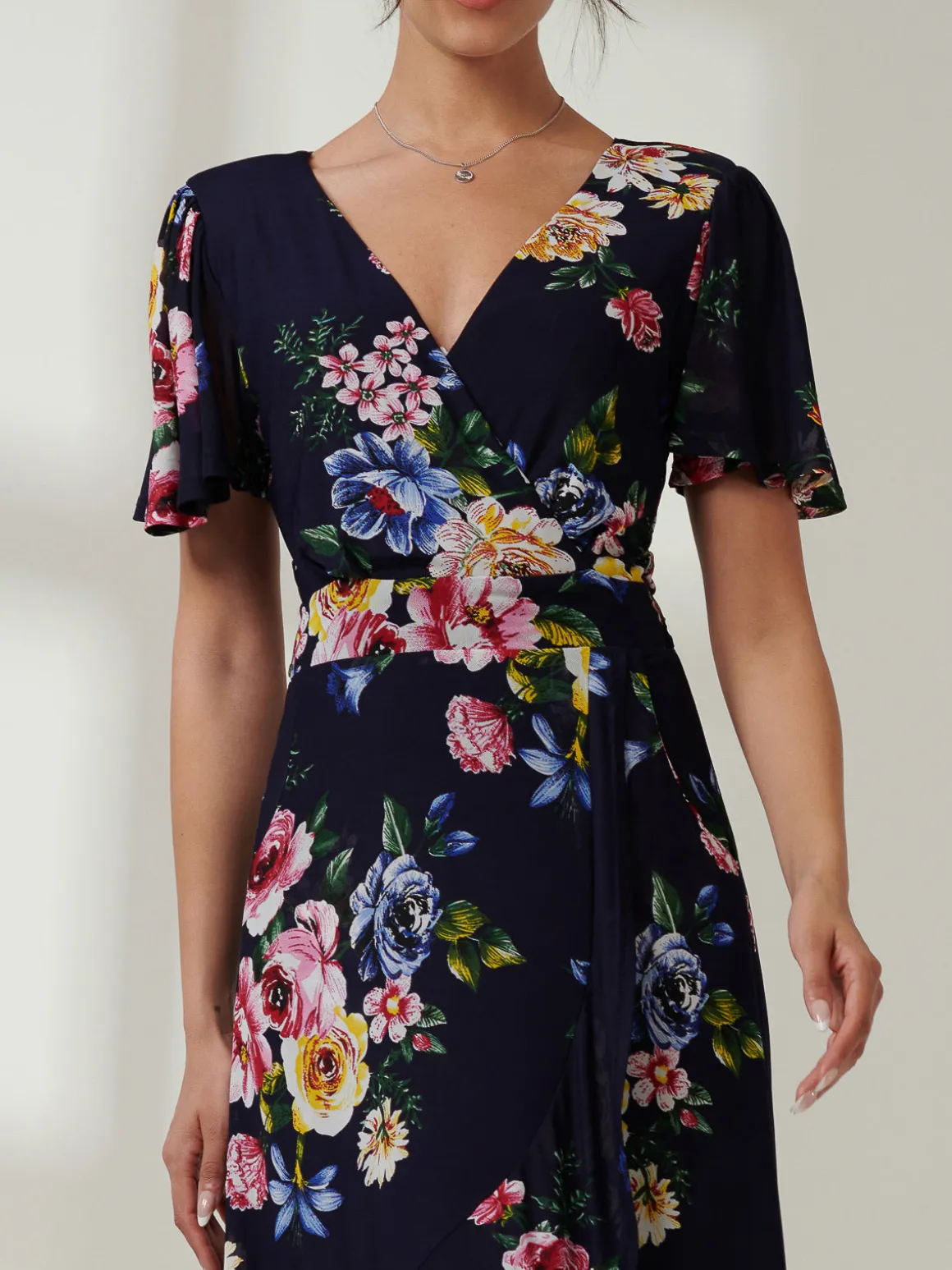 Frill Dip Hem Mesh Maxi Dress, Navy Floral