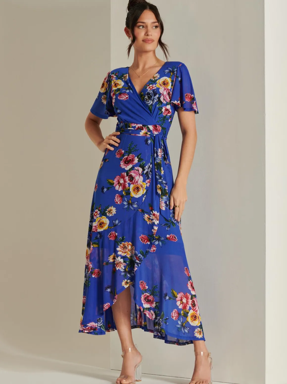 Frill Dip Hem Mesh Maxi Dress, Royal Floral