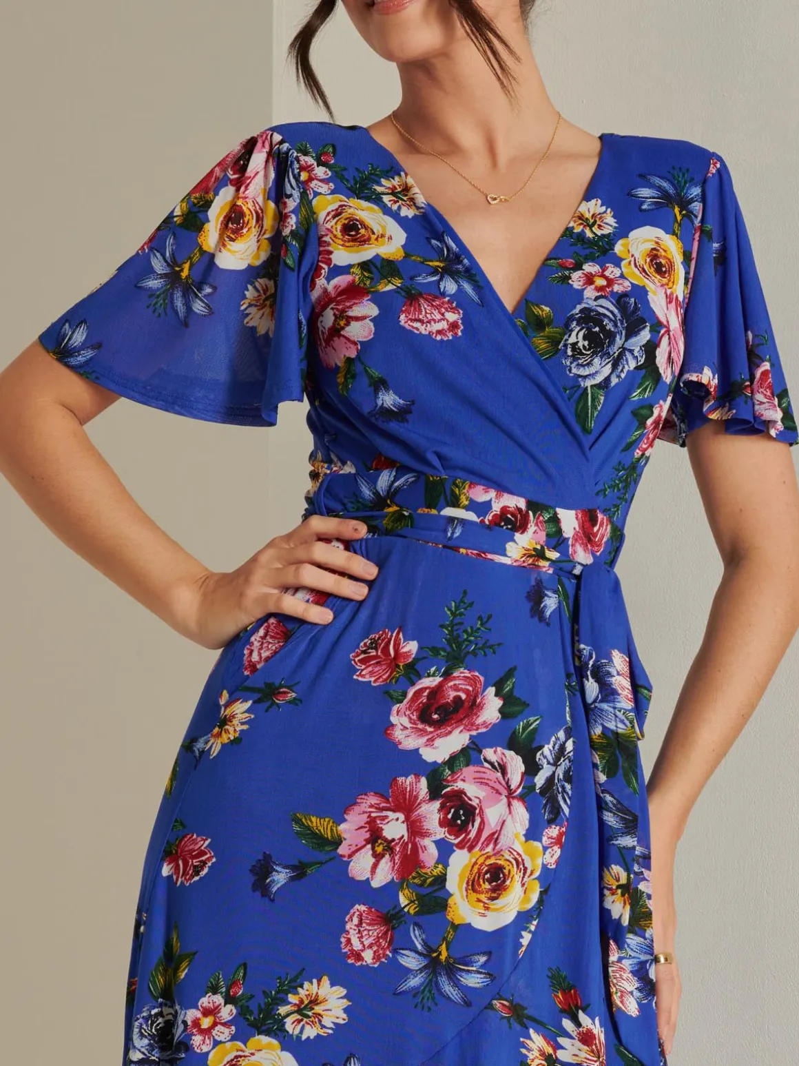 Frill Dip Hem Mesh Maxi Dress, Royal Floral