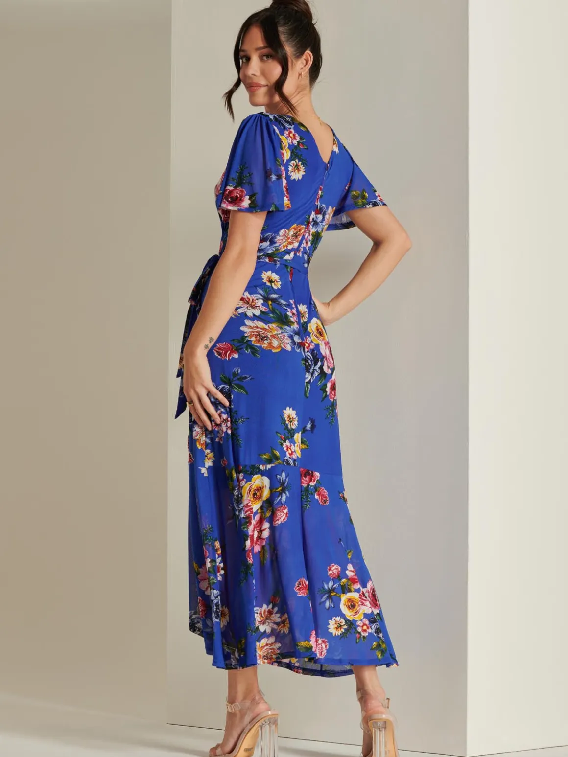 Frill Dip Hem Mesh Maxi Dress, Royal Floral