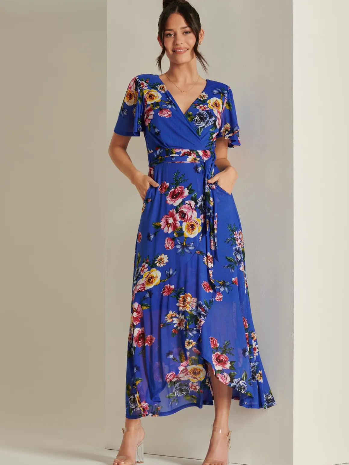 Frill Dip Hem Mesh Maxi Dress, Royal Floral