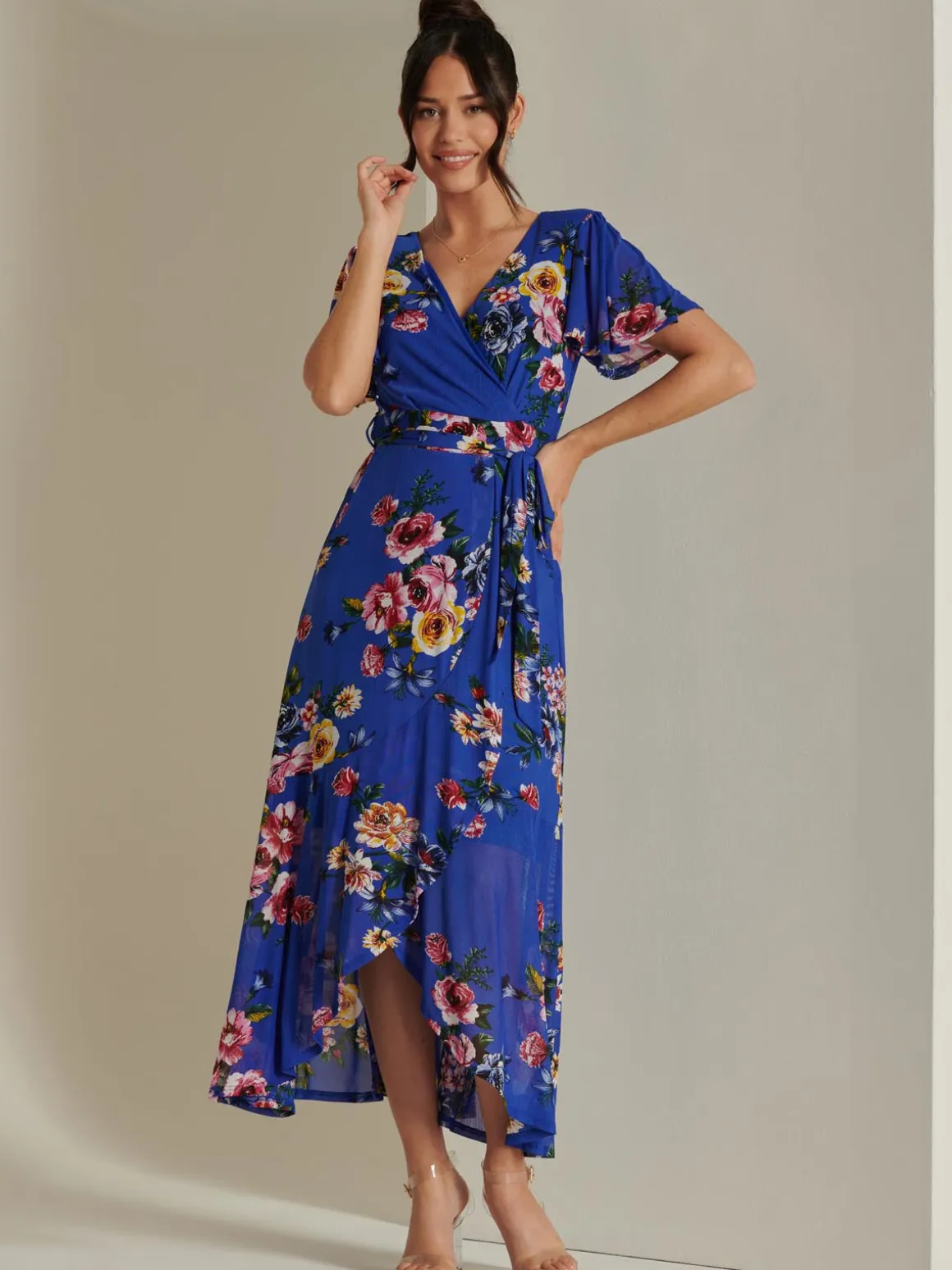 Frill Dip Hem Mesh Maxi Dress, Royal Floral