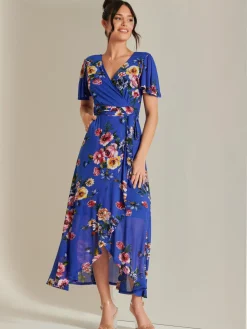Frill Dip Hem Mesh Maxi Dress, Royal Floral
