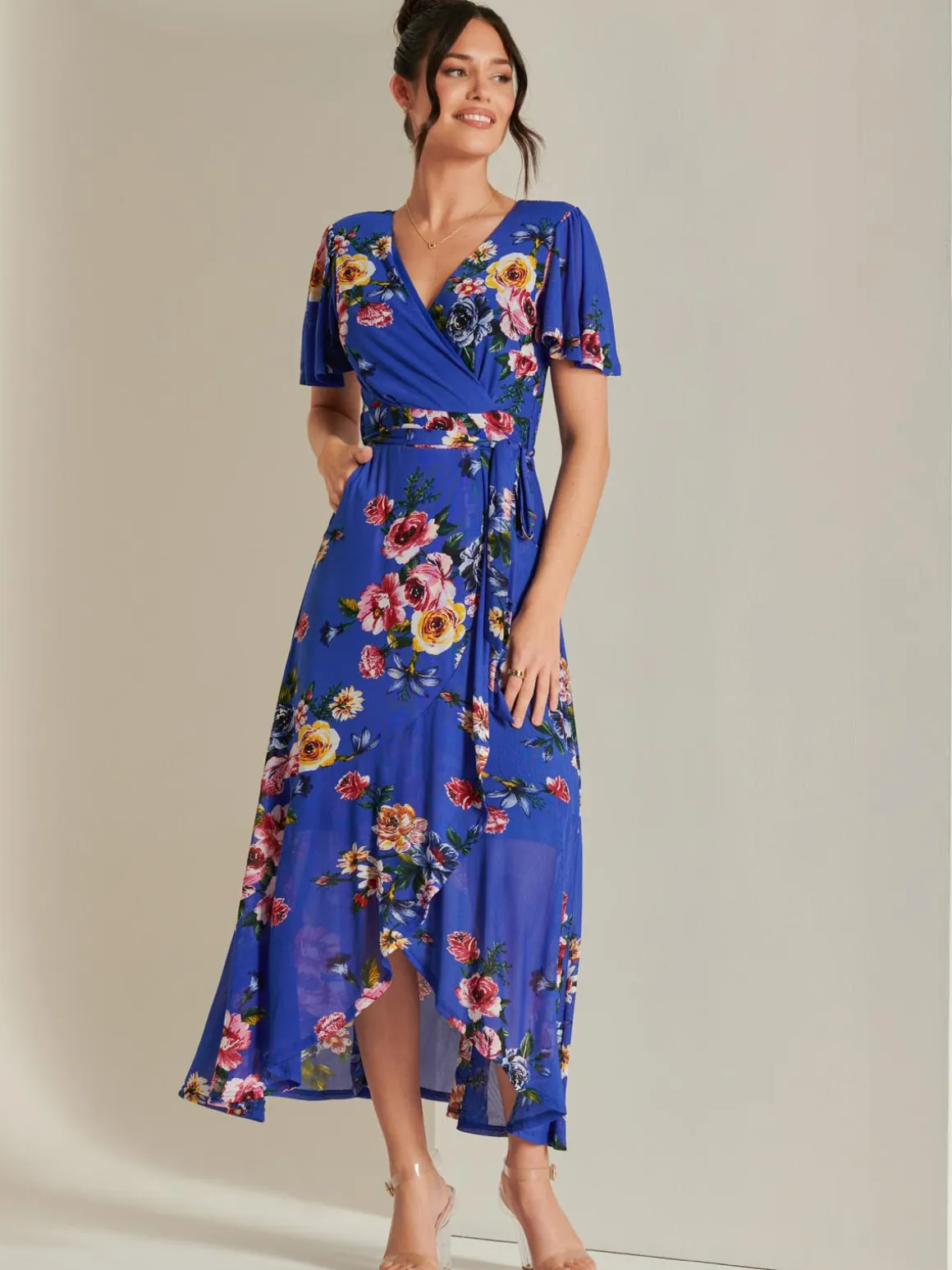 Frill Dip Hem Mesh Maxi Dress, Royal Floral