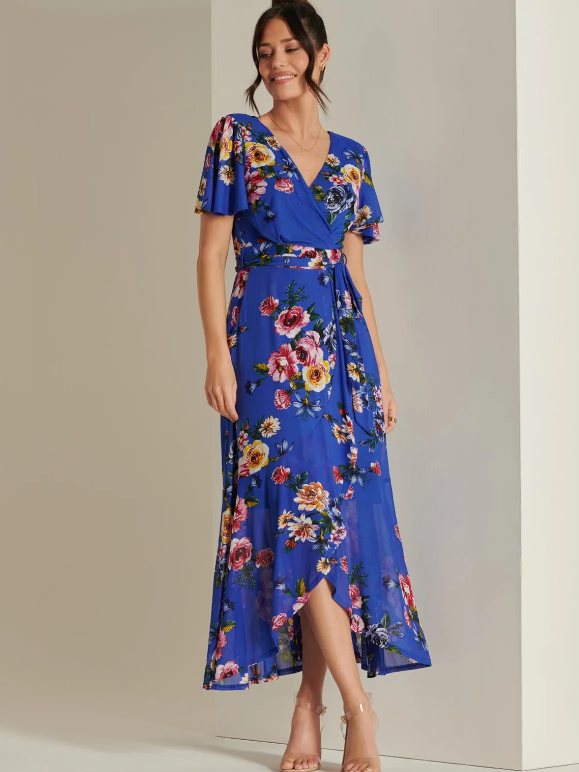 Frill Dip Hem Mesh Maxi Dress, Royal Floral