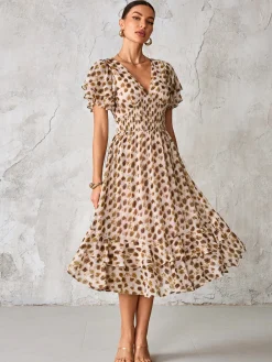 Frill Hem Chiffon Midi Dress, Brown Animal