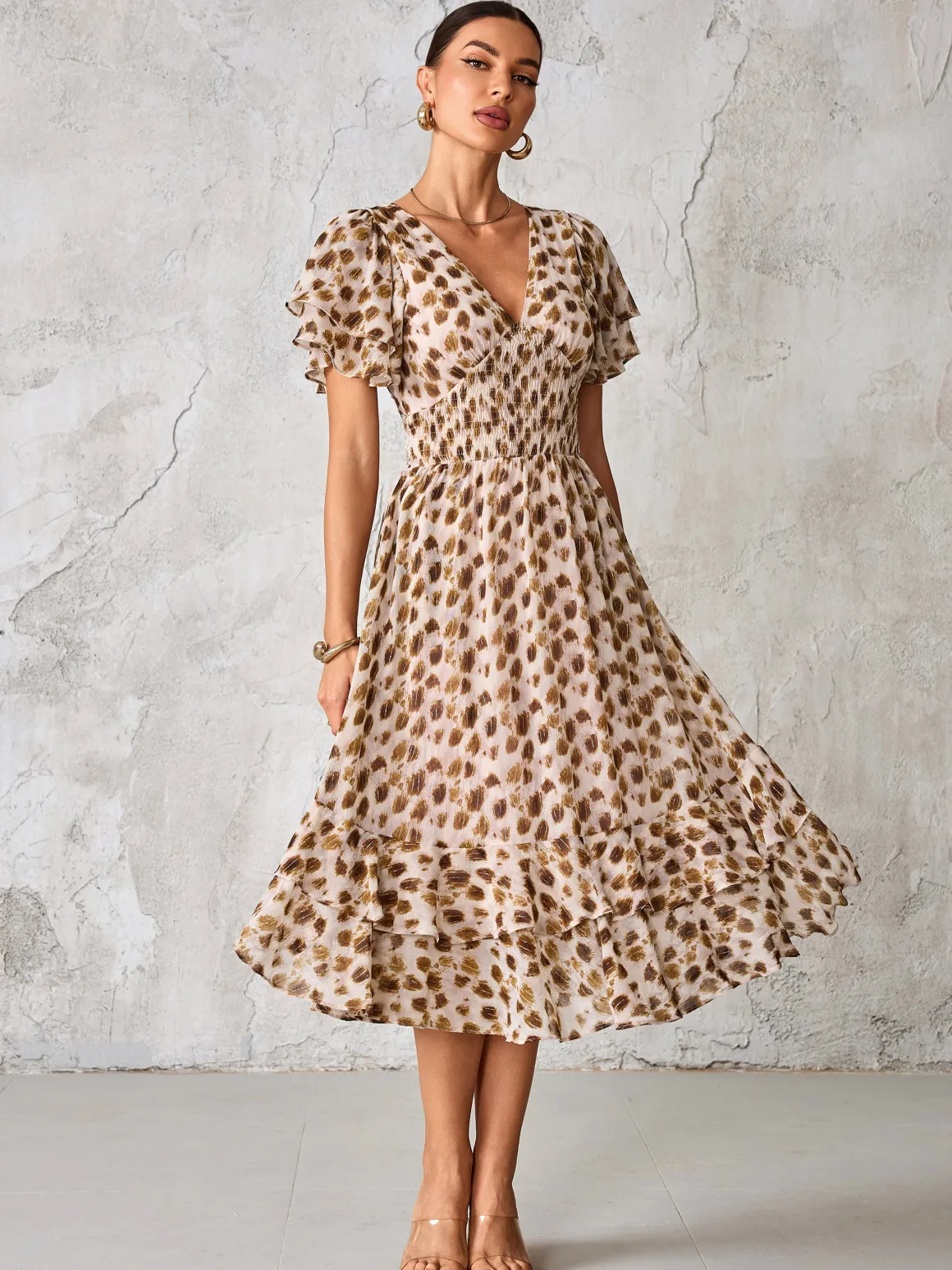 Frill Hem Chiffon Midi Dress, Brown Animal