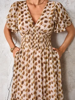 Frill Hem Chiffon Midi Dress, Brown Animal