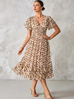 Frill Hem Chiffon Midi Dress, Brown Animal