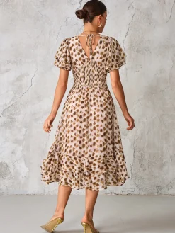 Frill Hem Chiffon Midi Dress, Brown Animal