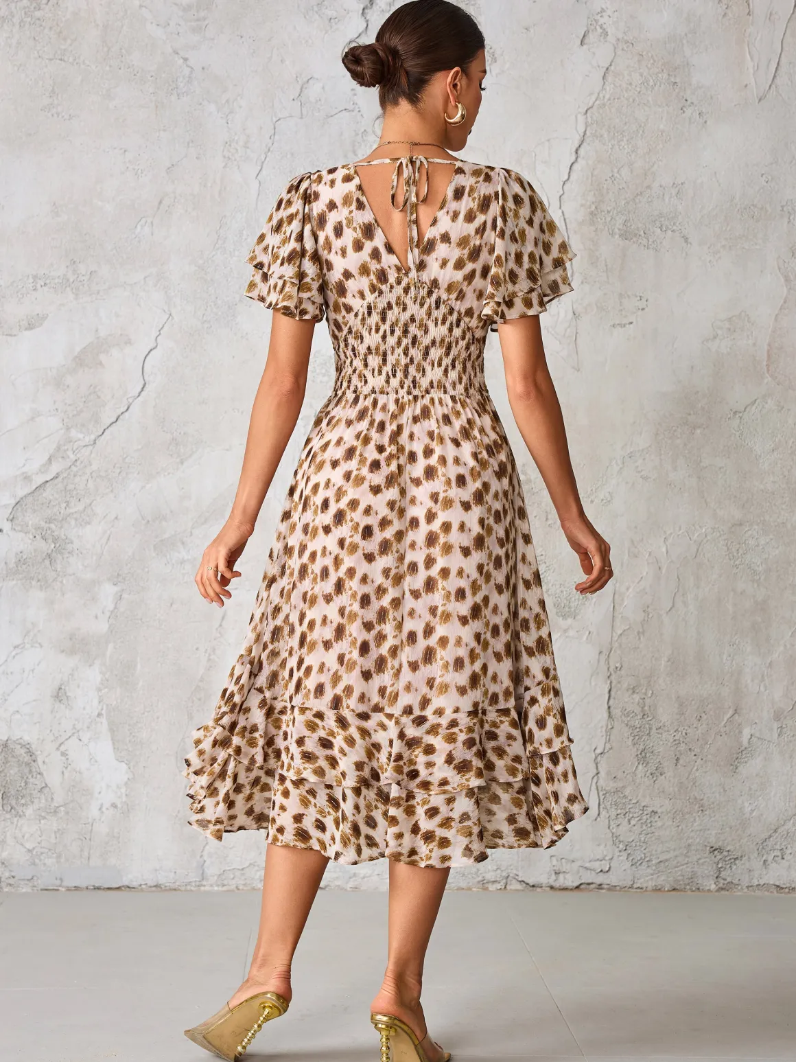 Frill Hem Chiffon Midi Dress, Brown Animal