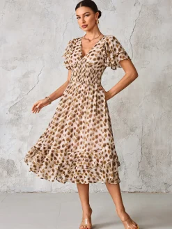 Frill Hem Chiffon Midi Dress, Brown Animal