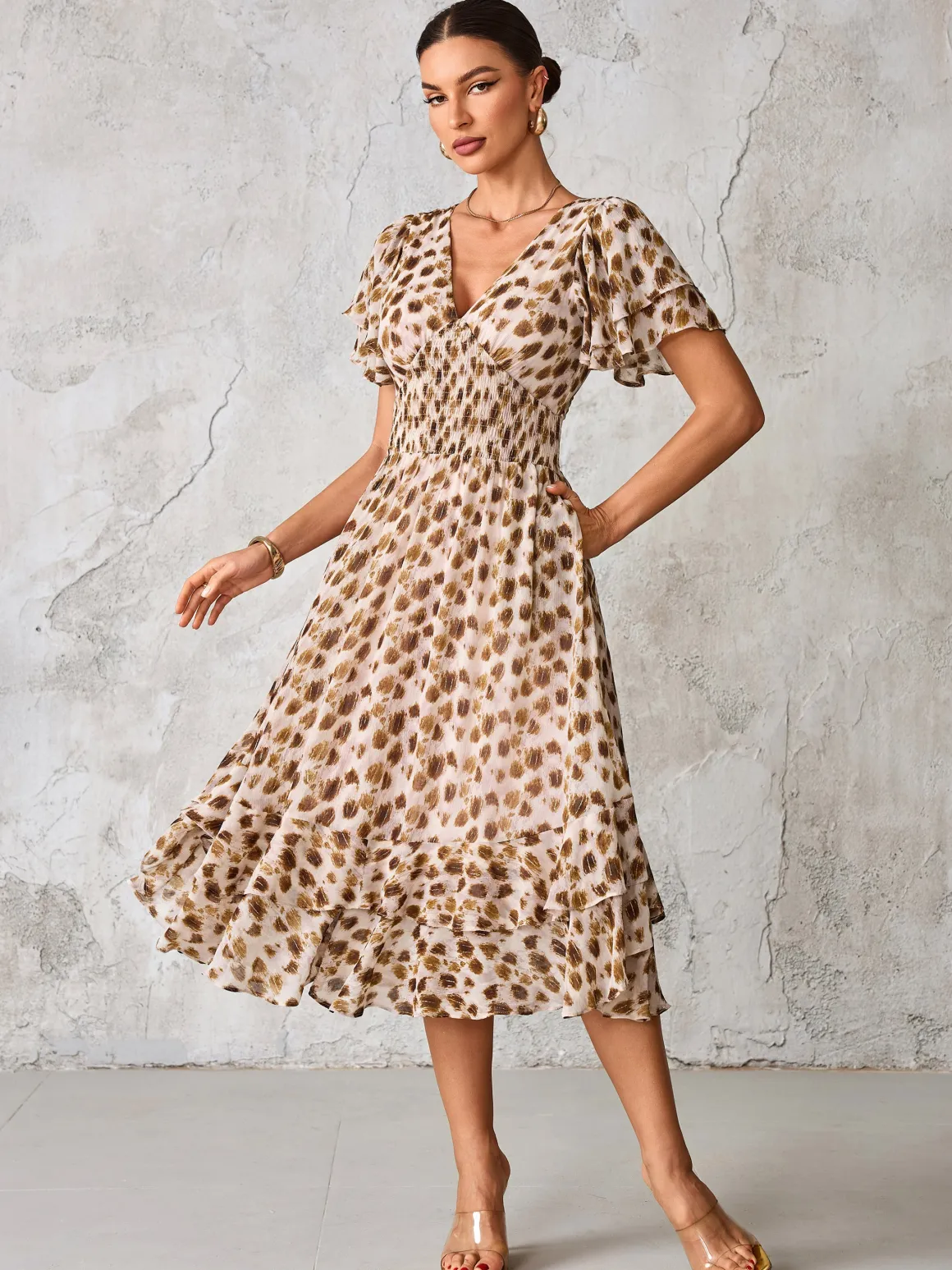 Frill Hem Chiffon Midi Dress, Brown Animal