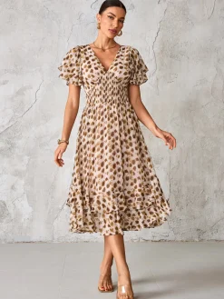 Frill Hem Chiffon Midi Dress, Brown Animal